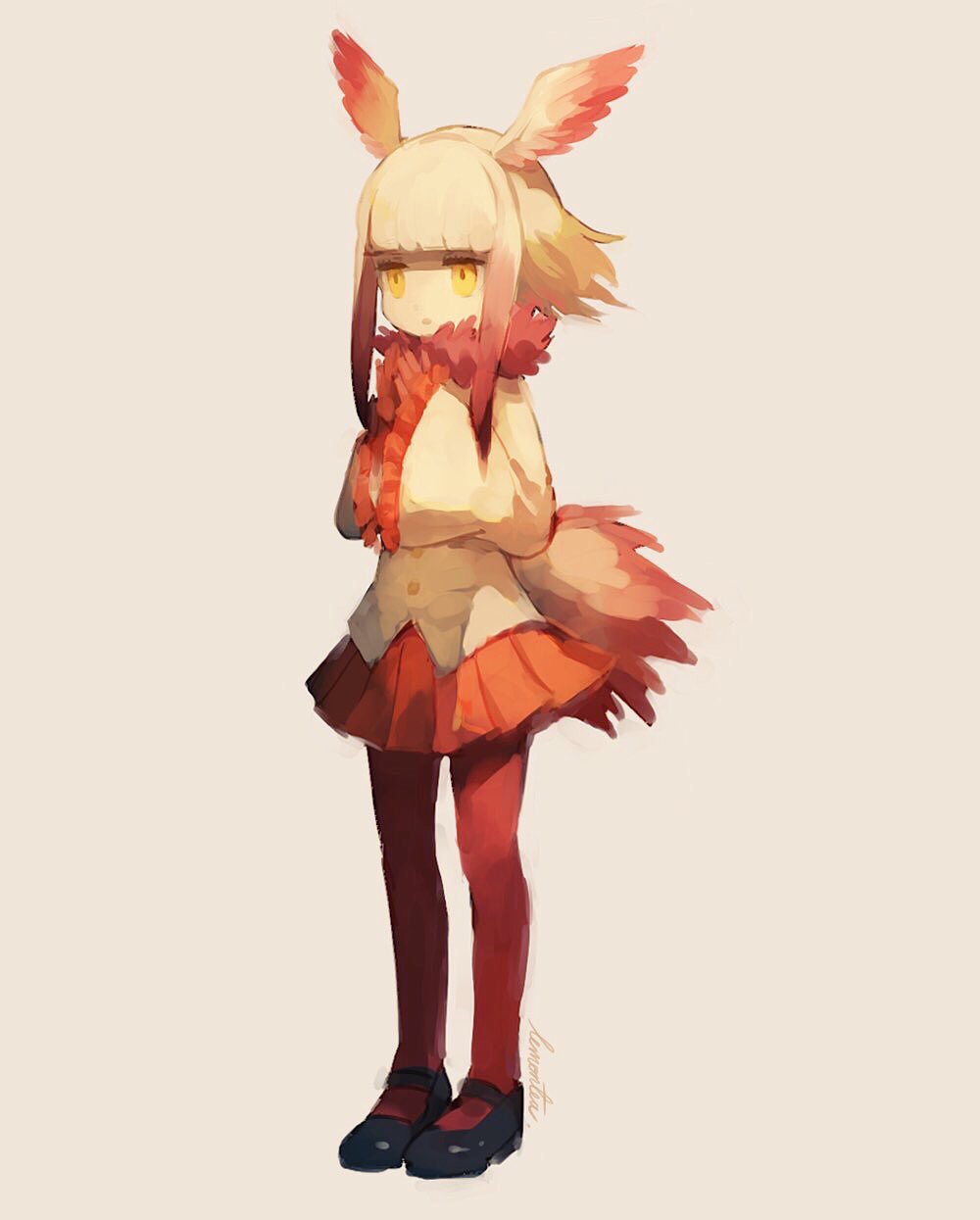 1girl :o artist_name bangs bird_tail bird_wings black_footwear black_shoes blunt_bangs buttons collar crested_ibis_(kemono_friends) expressionless eyelashes floating_hair frilled_sleeves frills full_body fur_collar gloves gradient_hair grey_background head_wings highres jitome kemono_friends lemontea long_sleeves looking_away mary_janes multicolored_hair open_mouth own_hands_together pantyhose pleated_skirt red_gloves red_legwear red_skirt redhead shirt shoes short_hair short_hair_with_long_locks sidelocks signature simple_background skirt solo standing tail two-tone_hair white_hair white_shirt wide_sleeves wings yellow_eyes