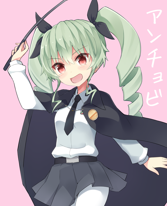 1girl anchovy anzio_school_uniform bangs belt black_necktie black_ribbon black_skirt cape character_name cowboy_shot dress_shirt drill_hair emblem girls_und_panzer green_hair hair_ribbon holding long_hair long_sleeves looking_at_viewer miniskirt necktie open_mouth pantyhose pink_background pleated_skirt red_eyes ribbon riding_crop school_uniform shirt shuuichi_(gothics) simple_background skirt smile solo standing translated twin_drills twintails white_legwear white_shirt