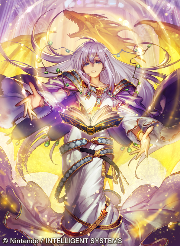 1girl bangs belt blue_eyes book bracelet cape company_connection copyright_name detached_sleeves dragon dress eyebrows_visible_through_hair fire_emblem fire_emblem:_seisen_no_keifu fire_emblem_cipher jewelry long_dress long_hair long_sleeves magic official_art purple_hair umiu_geso very_long_hair wide_sleeves yuria_(fire_emblem)