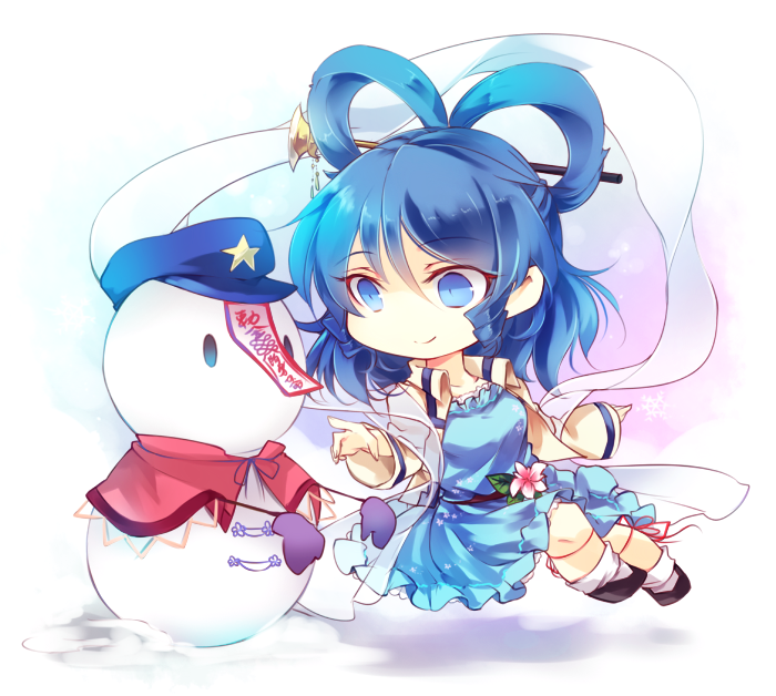 1girl blue_eyes blue_hair chibi kaku_seiga kutsuki_kai miyako_yoshika shawl smile snowman solo touhou