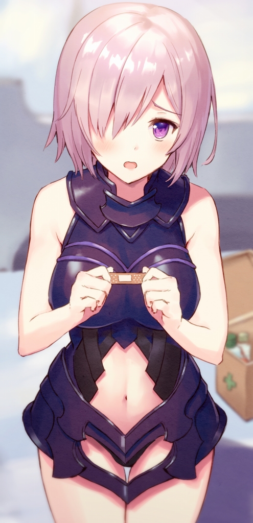 1girl 3: armor armored_dress bandaid bangs black_leotard blush breasts cowboy_shot fate/grand_order fate_(series) first_aid_kit hair_over_one_eye hands_up haru_(hiyori-kohal) holding indoors large_breasts leotard looking_at_viewer navel navel_cutout open_mouth pink_hair shielder_(fate/grand_order) short_hair solo standing thighs violet_eyes