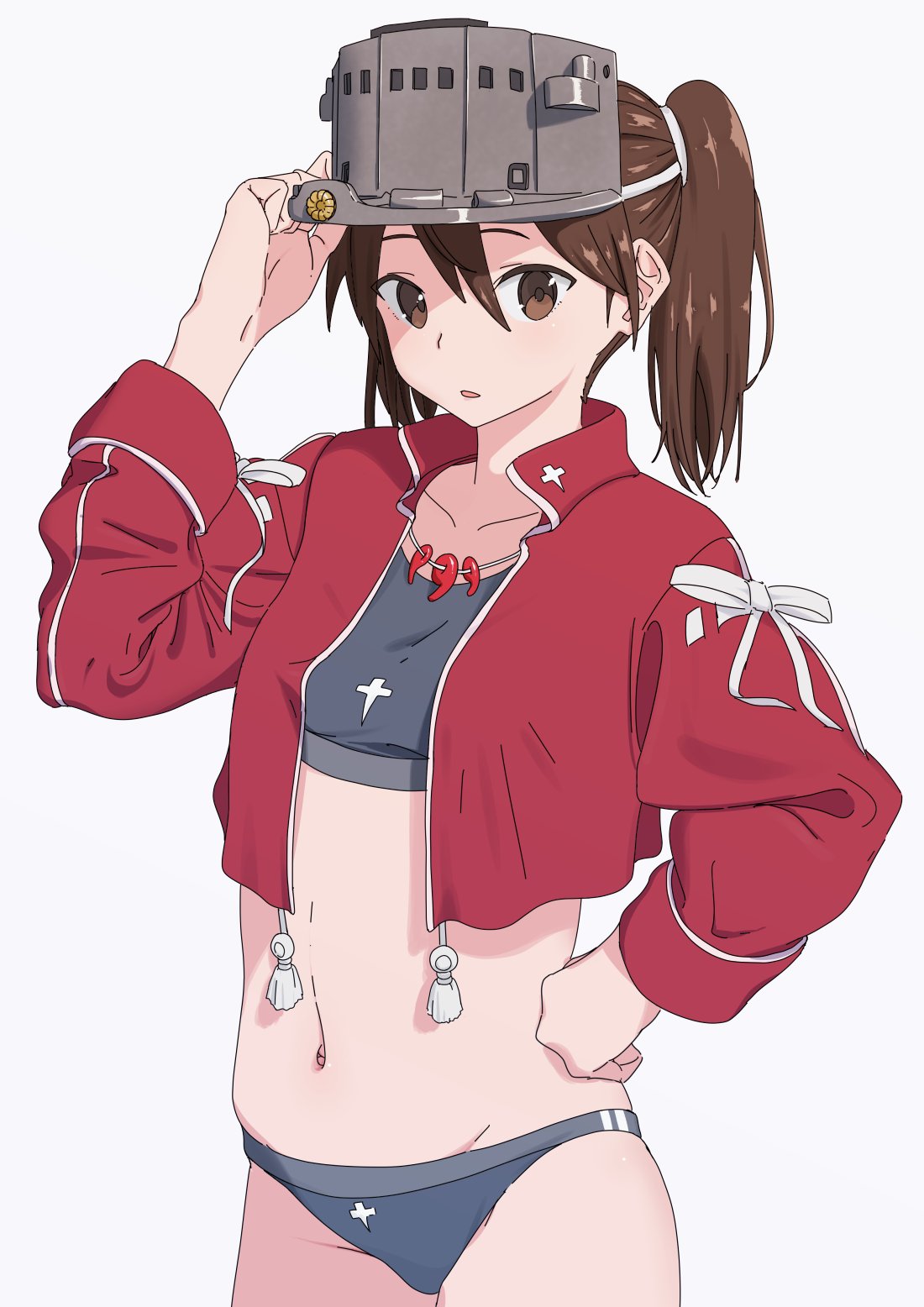 1girl adapted_costume arm_up bikini brown_eyes brown_hair cowboy_shot cropped_jacket grey_background grey_bikini hair_between_eyes hand_on_hip highres jewelry kantai_collection looking_at_viewer magatama magatama_necklace navel necklace parted_lips ryuujou_(kantai_collection) simple_background solo swimsuit tankini telephoto twintails visor_cap