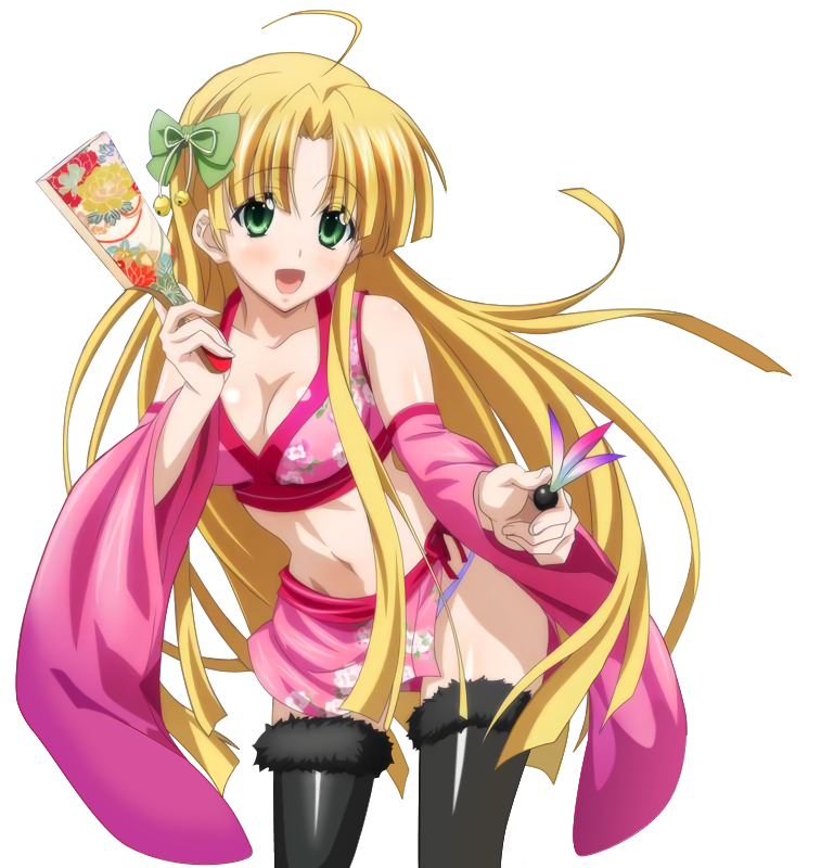 1girl :d ahoge asia_argento black_legwear blonde_hair bow breasts cleavage collarbone cowboy_shot detached_sleeves eyebrows_visible_through_hair floating_hair green_bow green_eyes groin hair_bow high_school_dxd holding long_hair looking_at_viewer medium_breasts midriff navel open_mouth panties pink_skirt purple_panties shiny shiny_clothes shiny_skin skirt smile solo standing stomach thigh-highs tied_skirt transparent_background underwear very_long_hair