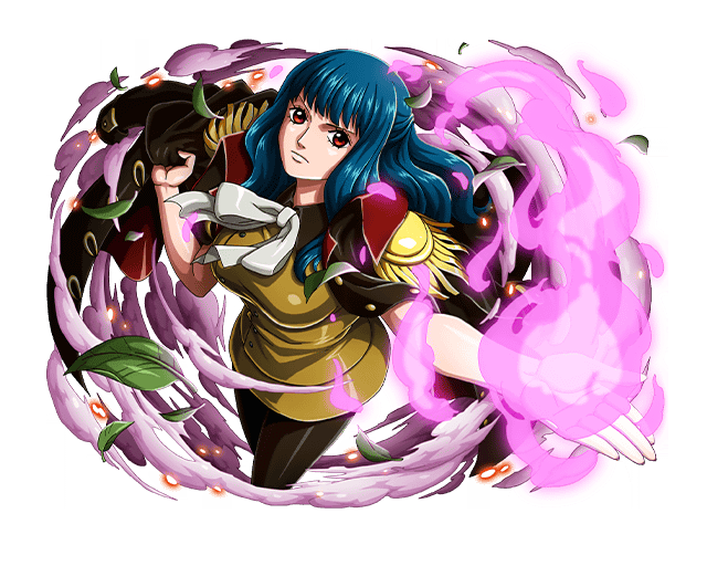 1girl blue_hair bodskih bow bowtie ein_(one_piece) epaulettes jacket_on_shoulders leaf long_hair official_art one_piece one_piece_film_z red_eyes solo thigh-highs transparent_background
