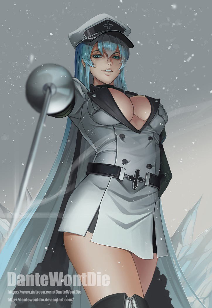 1girl akame_ga_kill! blue_eyes blue_hair boots breasts cleavage dantewontdie esdeath hat large_breasts long_hair looking_at_viewer military military_uniform peaked_cap snowing solo sword thigh-highs thigh_boots uniform very_long_hair weapon