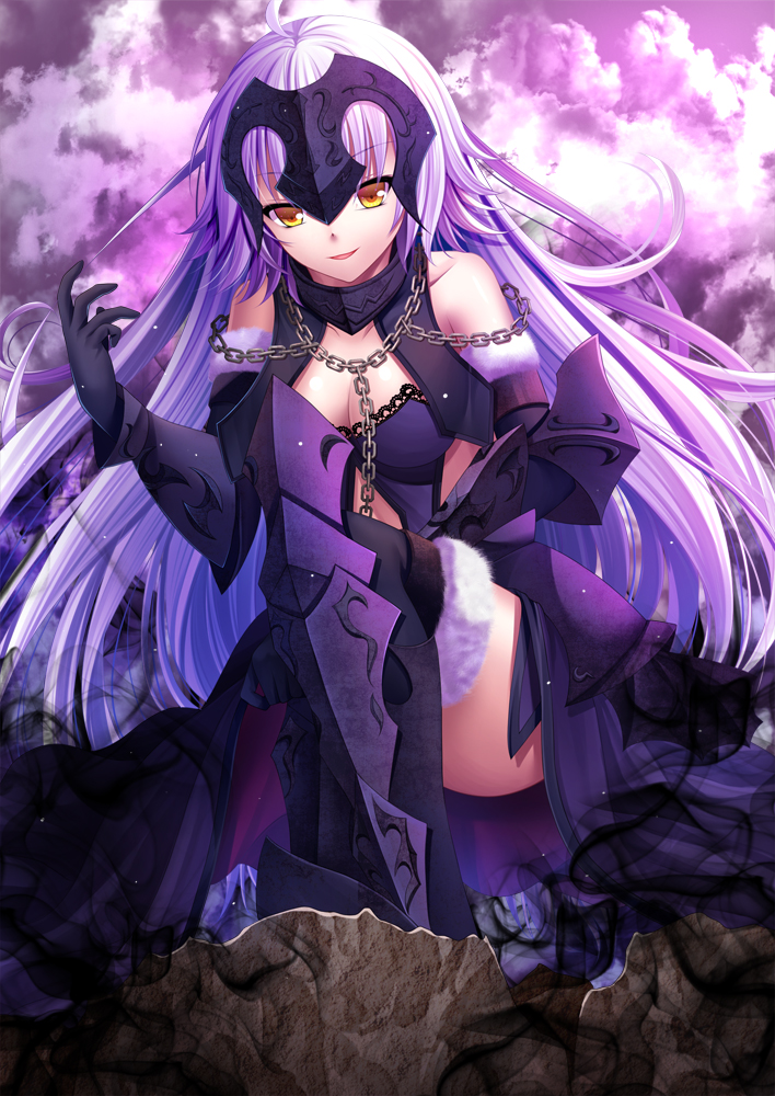 1girl ahoge armor armored_boots bangs black_gloves black_legwear boots breasts cleavage clouds cloudy_sky elbow_gloves eyebrows_visible_through_hair fate/grand_order fate_(series) fur-trimmed_gloves fur-trimmed_legwear fur_trim gloves hand_up headpiece jeanne_alter kneeling kneeling_on_one_leg long_hair looking_at_viewer medium_breasts outdoors parted_lips purple_sky ruler_(fate/apocrypha) silver_hair sky smile solo thigh-highs toshi_(1-147) vambraces very_long_hair yellow_eyes