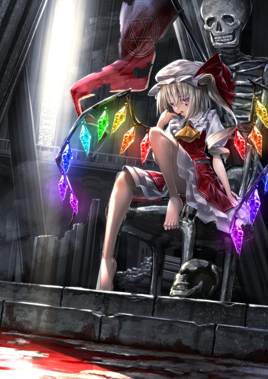 1girl ascot bangs barefoot blonde_hair blood blood_on_face bloody_hands crystal day flag flandre_scarlet full_body hat hat_ribbon hexagram highres looking_at_viewer mob_cap open_mouth pinky_to_mouth puffy_short_sleeves puffy_sleeves red_eyes red_ribbon revision ribbon ruins ryosios short_hair short_sleeves side_ponytail sitting skeleton skirt skirt_set solo sunlight touhou wings