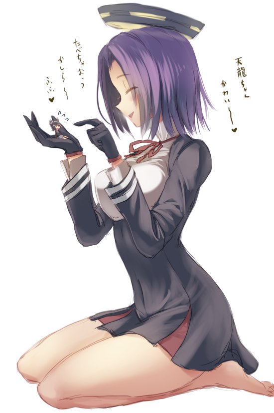 2girls black_dress black_gloves closed_eyes dress eyepatch giantess gloves grey_skirt headgear kantai_collection kneeling long_sleeves looking_at_another mechanical_halo minigirl multiple_girls purple_hair short_hair simple_background skirt tatsuta_(kantai_collection) tenryuu_(kantai_collection) translation_request utopia white_background
