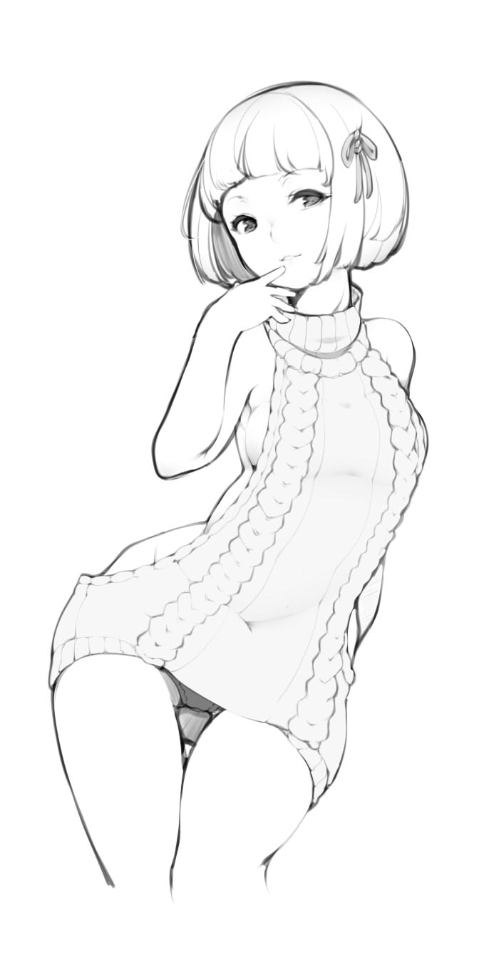 1girl aran_sweater backless_outfit bangs bare_shoulders bob_cut breasts contrapposto cropped_legs dress hair_ornament hair_ribbon halterneck hand_up highres linnkou looking_at_viewer meme_attire open-back_dress original panties pantyshot pantyshot_(standing) parted_lips ribbed_sweater ribbon short_hair sketch small_breasts smile solo standing sweater sweater_dress thighs turtleneck turtleneck_sweater underwear virgin_killer_sweater