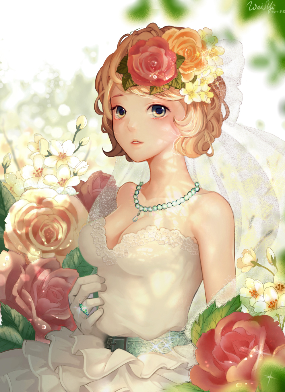 1girl antweiyi artist_name belt bridal_gauntlets bridal_veil bride brown_hair dated dress flower gem green_eyes hair_flower hair_ornament highres jewelry looking_at_viewer necklace original parted_lips ring rose short_hair upper_body veil wedding_dress white_dress