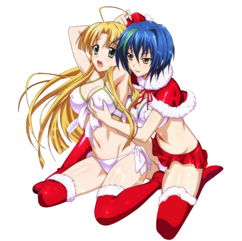 2girls ahoge arm_up asia_argento blonde_hair blue_hair boots bow bra breasts capelet cleavage detached_sleeves floating_hair green_eyes groin hair_between_eyes high_school_dxd kneeling large_breasts long_hair microskirt midriff multiple_girls navel open_mouth panties parted_lips pleated_skirt red_boots red_ribbon red_skirt ribbon santa_costume shiny shiny_clothes short_hair skirt smile stomach sweatdrop thigh-highs thigh_boots transparent_background underwear very_long_hair white_bow white_bra white_panties xenovia_(high_school_dxd) yellow_eyes