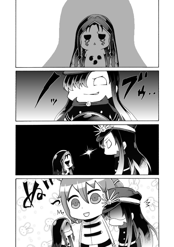 /\/\/\ 4koma cape character_request chibi comic commentary_request demon_archer fate/grand_order fate_(series) fujimaru_ritsuka_(female) greyscale hair_between_eyes hair_over_one_eye hat koha-ace long_hair military military_uniform monochrome multiple_girls open_mouth riyo_(lyomsnpmp)_(style) short_hair side_ponytail silent_comic uniform zhunei_ding