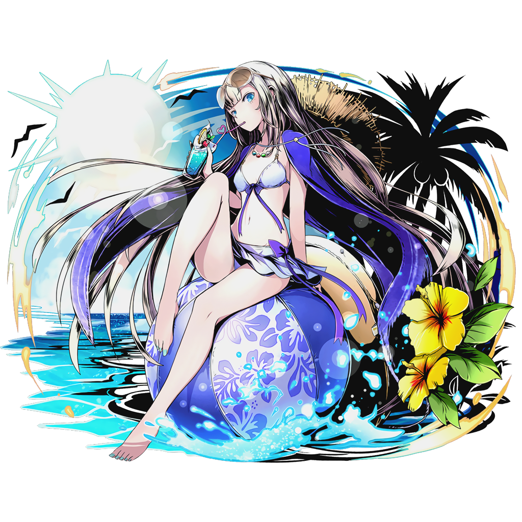 1girl absurdly_long_hair arm_support bikini bikini_skirt blonde_hair blue_eyes blue_nails breasts cleavage divine_gate drinking floating_hair flower full_body glasses_on_head groin hibiscus jewelry long_hair nail_polish necklace official_art palm_tree purple_ribbon ribbon shadow sitting small_breasts solo sunglasses swimsuit toenail_polish transparent_background tree ucmm very_long_hair white_bikini yellow_flower