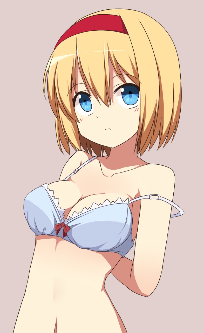 1girl adjusting_bra adjusting_clothes alice_margatroid arms_behind_back blonde_hair blue_eyes bow bra breasts cleavage collarbone commentary_request enushi_(toho193) frilled_bra frilled_underwear frills hair_between_eyes hairband highres lavender_background looking_at_viewer mouth_hold navel red_bow red_hairband revision short_hair simple_background solo strap_slip touhou underwear underwear_only undressing upper_body white_bra