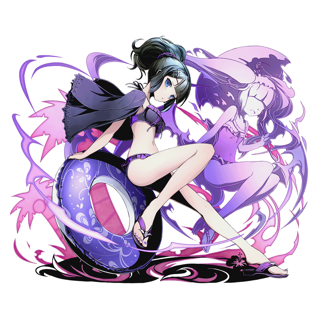 1girl bikini black_hair blue_eyes breasts cape casual_one-piece_swimsuit covered_navel divine_gate flower frilled_bikini frills full_body groin hair_ornament hair_scrunchie hairclip hibiscus high_heels holding holding_umbrella innertube long_hair looking_at_viewer medium_breasts nail_polish official_art one-piece_swimsuit open_mouth palm_tree purple_bikini purple_nails scrunchie short_hair sideboob solo swimsuit toenail_polish transparent_background tree ucmm umbrella