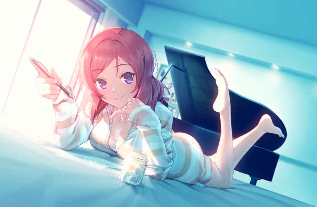 1girl barefoot blurry breasts cleavage depth_of_field eyebrows_visible_through_hair instrument jar looking_at_viewer love_live! love_live!_school_idol_project lying nagareboshi nishikino_maki on_stomach pen piano redhead short_hair smile solo violet_eyes window
