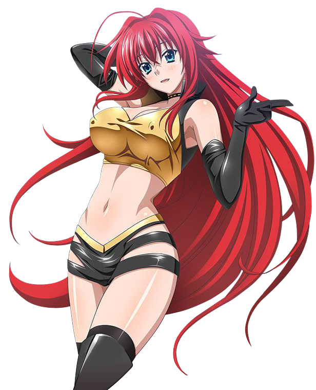 1girl ahoge arm_behind_head black_boots black_gloves black_legwear black_shorts boots breasts choker cleavage crop_top elbow_gloves erect_nipples floating_hair gloves green_eyes hand_in_hair high_school_dxd large_breasts long_hair looking_at_viewer midriff navel redhead rias_gremory short_shorts shorts solo standing stomach thigh-highs thigh_boots transparent_background very_long_hair
