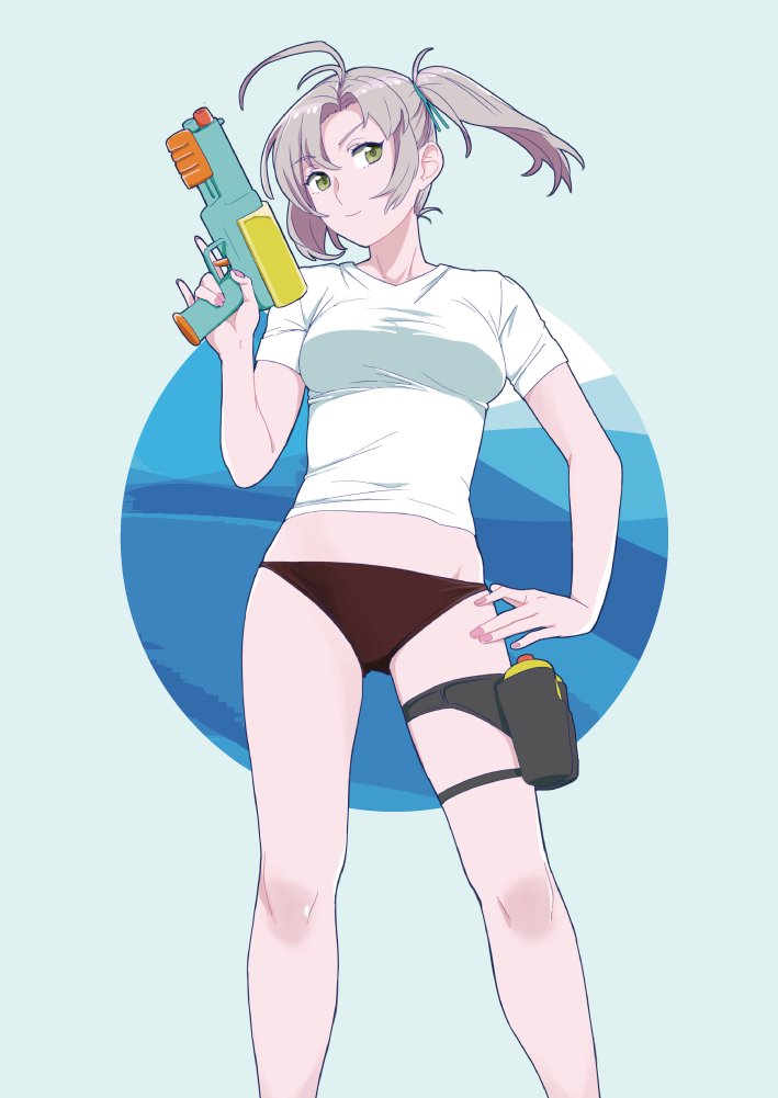 1girl ahoge bikini_bottom black_bikini_bottom breasts eyebrows_visible_through_hair green_eyes grey_hair hand_on_hip head_tilt holster kantai_collection kinugasa_(kantai_collection) looking_away medium_breasts nail_polish ojipon pinky_out shirt side_ponytail simple_background solo taut_clothes taut_shirt thigh_holster trigger_discipline water_gun