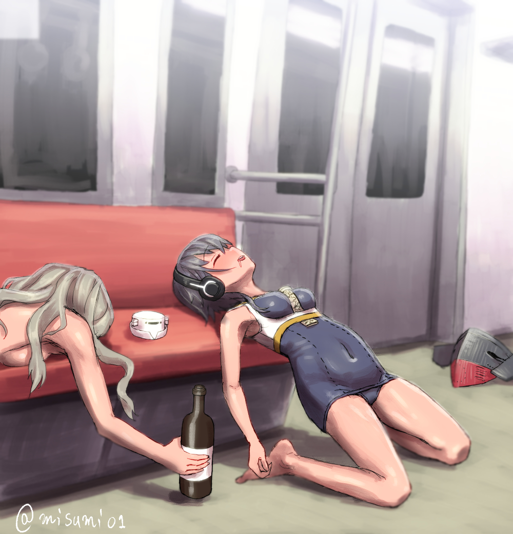 2girls arched_back asymmetrical_hair barefoot black_hair bottle chair covered_navel drunk framed_breasts grey_hair hair_between_eyes hat hat_removed headwear_removed i-14_(kantai_collection) kantai_collection kneeling long_hair lying misumi_(niku-kyu) multiple_girls on_stomach open_mouth pola_(kantai_collection) sailor_collar school_swimsuit short_hair sleeping swimsuit train_interior twitter_username wavy_hair wine_bottle
