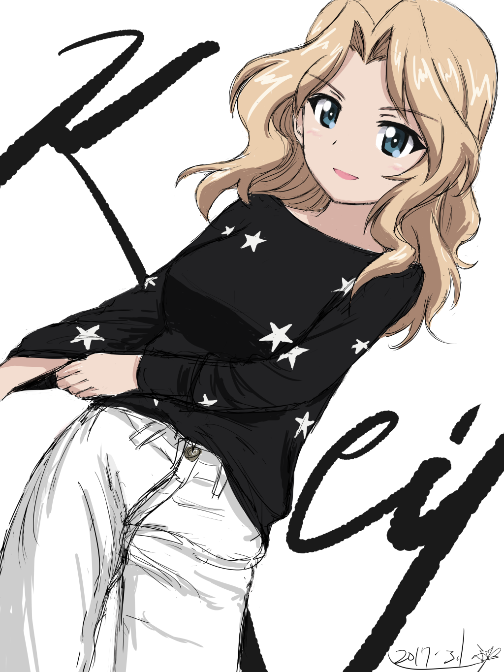 1girl adjusting_clothes artist_name black_shirt blonde_hair blue_eyes bukkuri casual character_name commentary_request cowboy_shot cursive dated denim girls_und_panzer hair_intakes highres jeans kay_(girls_und_panzer) long_hair long_sleeves looking_at_viewer pants parted_lips romaji shirt signature sketch smile solo standing star white_background white_pants