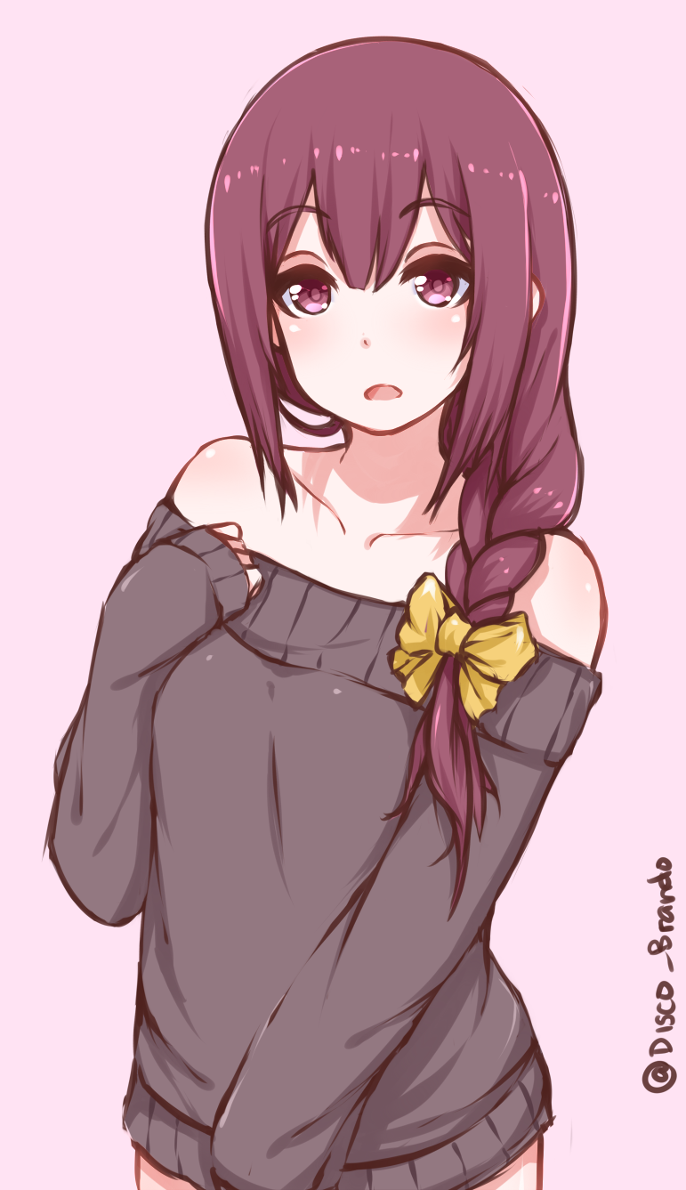 1girl alternate_hairstyle artist_name bare_shoulders black_sweater blush bow braid collarbone commentary d: disco_brando eyebrows_visible_through_hair hair_between_eyes hair_bow hair_over_shoulder highres kamikaze_(kantai_collection) kantai_collection long_hair looking_at_viewer maroon_eyes maroon_hair off-shoulder_sweater open_mouth pink_background simple_background sleeves_past_wrists solo sweater twitter_username yellow_bow