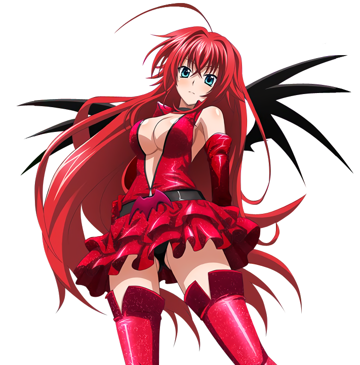 1girl ahoge belt black_panties black_wings boots breasts cleavage dress elbow_gloves floating_hair from_below gloves gluteal_fold green_eyes hair_between_eyes hand_on_hip high_school_dxd long_hair looking_at_viewer looking_down medium_breasts panties red_boots red_dress red_gloves redhead rias_gremory shiny shiny_clothes shiny_skin short_dress solo standing thigh-highs thigh_boots transparent_background underwear very_long_hair wings zipper