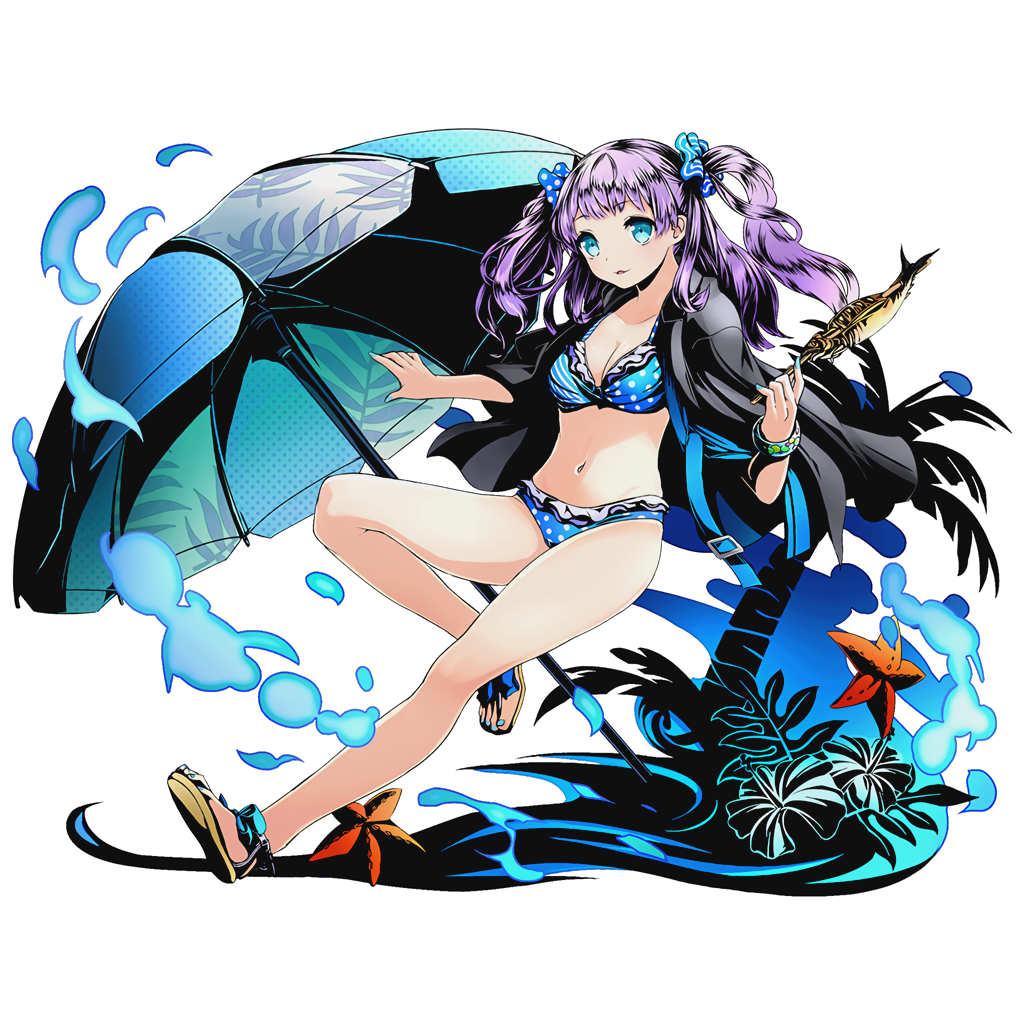 1girl bikini blue_bikini blue_eyes blue_nails bracelet breasts cleavage collarbone divine_gate eyebrows_visible_through_hair frilled_bikini frills full_body hair_ornament jewelry long_hair looking_at_viewer nail_polish official_art purple_hair solo striped swimsuit transparent_background twintails ucmm