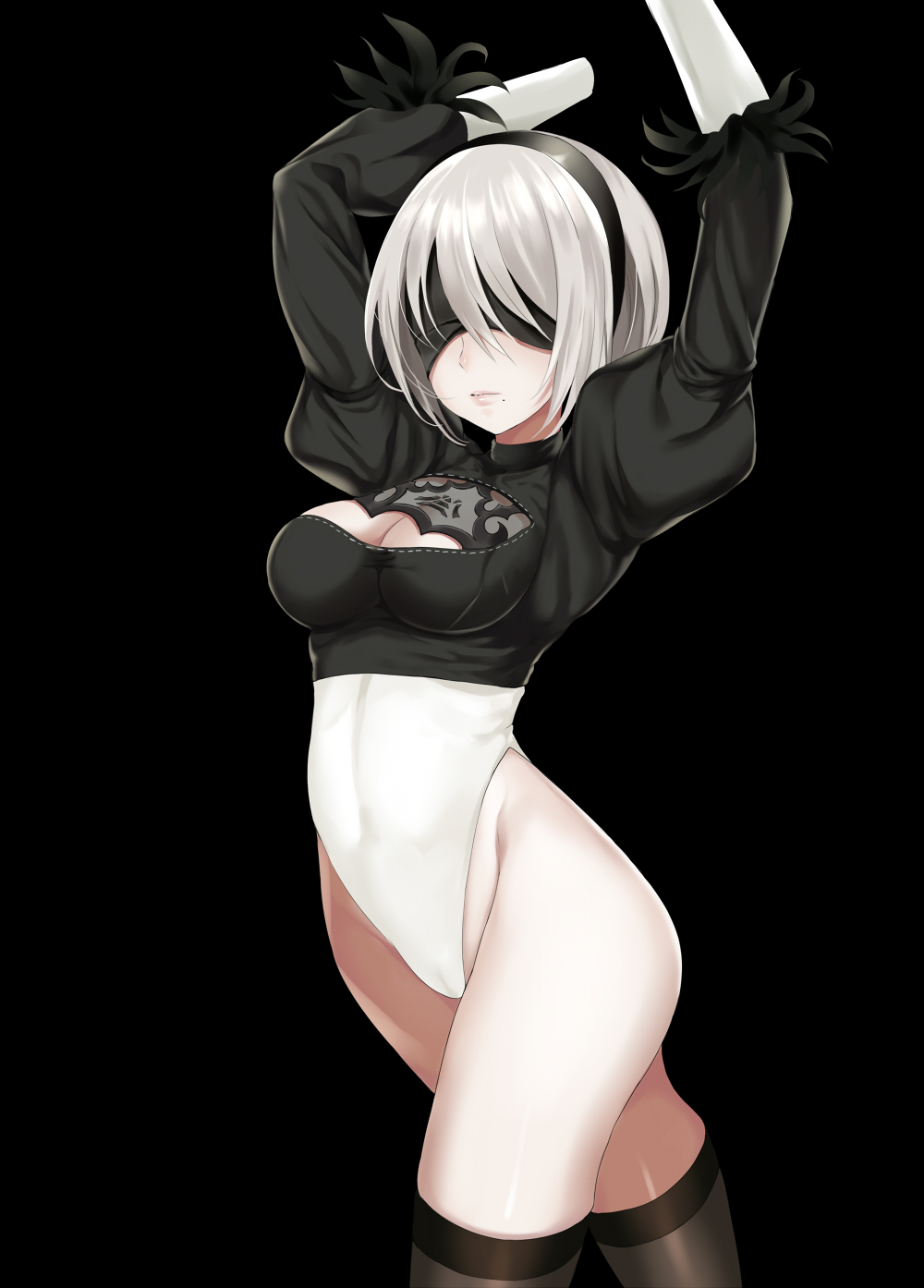 1girl arms_up black_hairband black_shirt blindfold breasts brown_legwear cleavage cleavage_cutout closed_mouth covered_eyes covered_navel cowboy_shot crop_top feather-trimmed_sleeves groin hair_over_eyes hairband harimoji highleg highleg_leotard highres juliet_sleeves legs_together leotard long_sleeves looking_at_viewer medium_breasts mole mole_under_mouth nier_(series) nier_automata puffy_sleeves ribbed_dress ribbed_shirt short_hair silver_hair skin_tight skirt_removed solo standing thigh-highs turtleneck vambraces white_hair white_leotard yorha_no._2_type_b