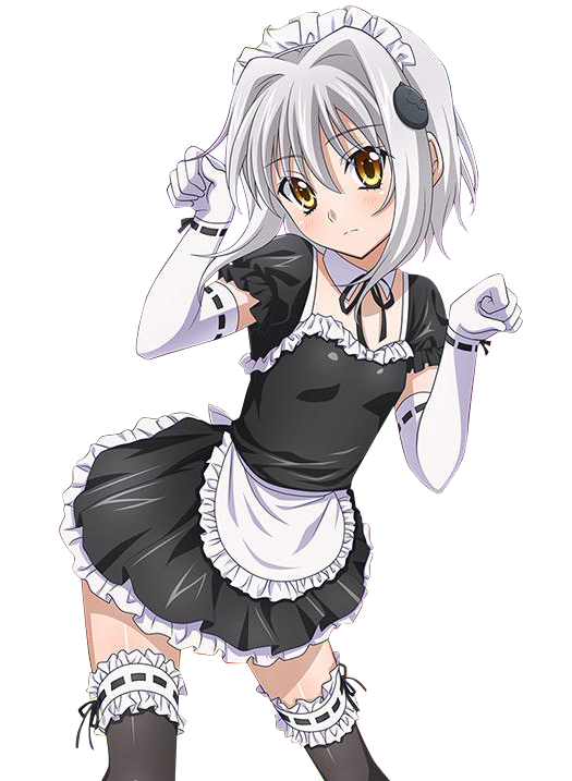 1girl black_dress black_legwear black_ribbon breasts cat_hair_ornament choker dress elbow_gloves eyebrows_visible_through_hair gloves hair_between_eyes hair_ornament head_tilt high_school_dxd maid maid_headdress neck_ribbon ribbon ribbon-trimmed_sleeves ribbon_trim short_dress short_hair_with_long_locks short_sleeves sidelocks silver_hair small_breasts solo standing thigh-highs toujou_koneko transparent_background white_apron white_gloves yellow_eyes