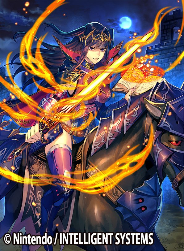 1girl arm_guards armor bangs belt black_hair book cape company_connection copyright_name fire_emblem fire_emblem:_kakusei fire_emblem_cipher furikawa_arika hair_ornament holding holding_weapon horse horseback_riding long_hair looking_at_viewer magic moon night night_sky outdoors riding sky smile solo sword tharja thigh-highs violet_eyes weapon