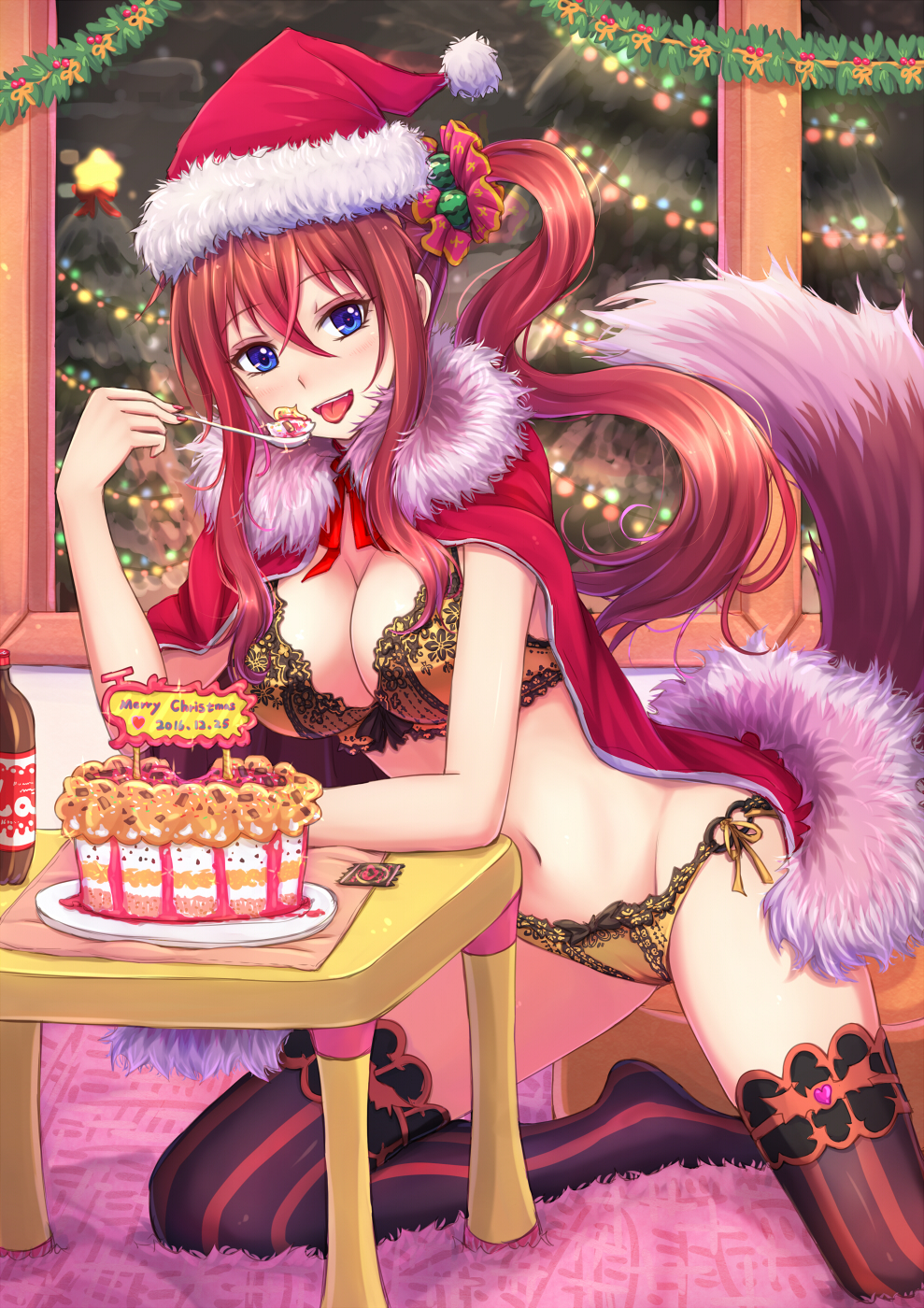 1girl animal_ears bikini blue_eyes blush bottle breasts brown_hair capelet christmas christmas_tree cleavage eyebrows_visible_through_hair fake_animal_ears food frilled_bikini frills fur_trim hair_between_eyes hair_ornament hair_scrunchie hat highres holding holding_spoon jewelry large_breasts long_hair looking_at_viewer navel necklace open_mouth original santa_costume santa_hat scrunchie side_ponytail solo spoon suikakitsu_shiro swimsuit thigh-highs tongue tongue_out underwear xia_you_qing