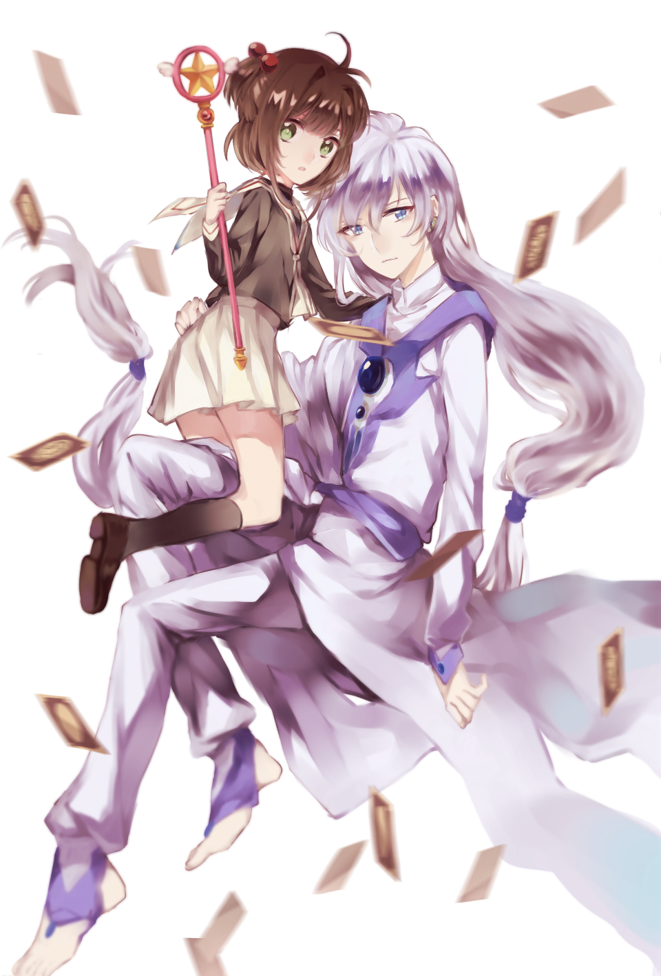 1boy 1girl angel_wings antenna_hair artist_request blue_eyes brown_hair card card_captor_sakura clow_card feathered_wings green_eyes highres kinomoto_sakura long_hair looking_at_viewer school_uniform short_hair silver_hair skirt very_long_hair wand white_hair white_wings wings yue_(ccs)