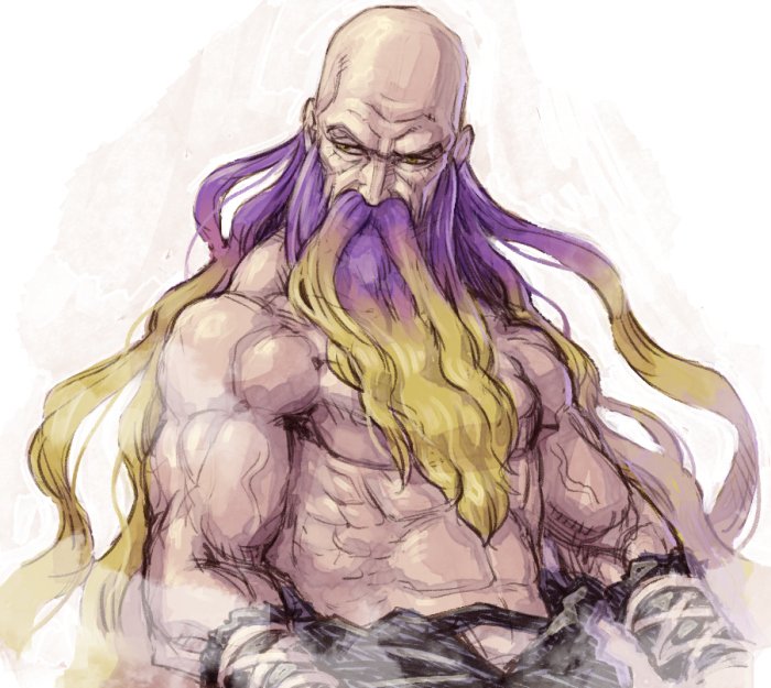 1boy arm_wraps bald beard blonde_hair commentary_request facial_hair genderswap genderswap_(ftm) gradient_hair hijiri_byakuren long_beard male_focus meitei multicolored_hair muscle purple_hair shirtless solo touhou upper_body veins