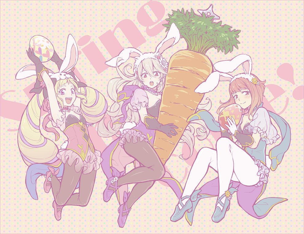 3girls animal_ears blonde_hair bunny_girl bunnysuit carrot easter_egg elise_(fire_emblem_if) female_my_unit_(fire_emblem_if) fire_emblem fire_emblem_heroes fire_emblem_if gloves hair_ornament hiyori_(rindou66) long_hair looking_at_viewer multiple_girls my_unit_(fire_emblem_if) rabbit_ears sakura_(fire_emblem_if) smile