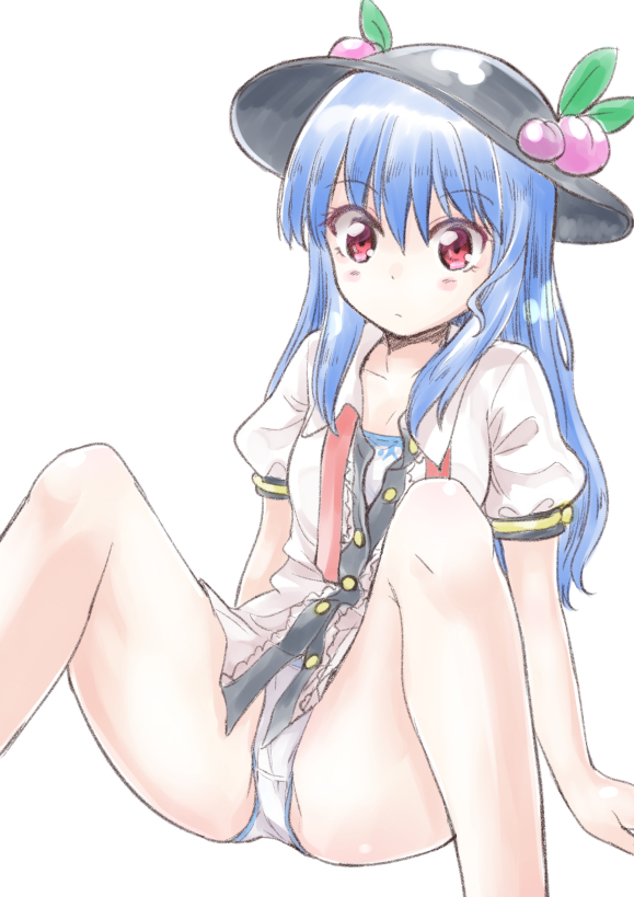 1girl black_hat blue_hair buttons collared_shirt eyebrows_visible_through_hair food frilled_shirt frills fruit hat hat_leaf hinanawi_tenshi long_hair nibi no_pants panties partially_unbuttoned peach puffy_short_sleeves puffy_sleeves red_eyes red_ribbon ribbon shirt short_sleeves simple_background sitting solo spread_legs touhou underwear white_background white_panties white_shirt