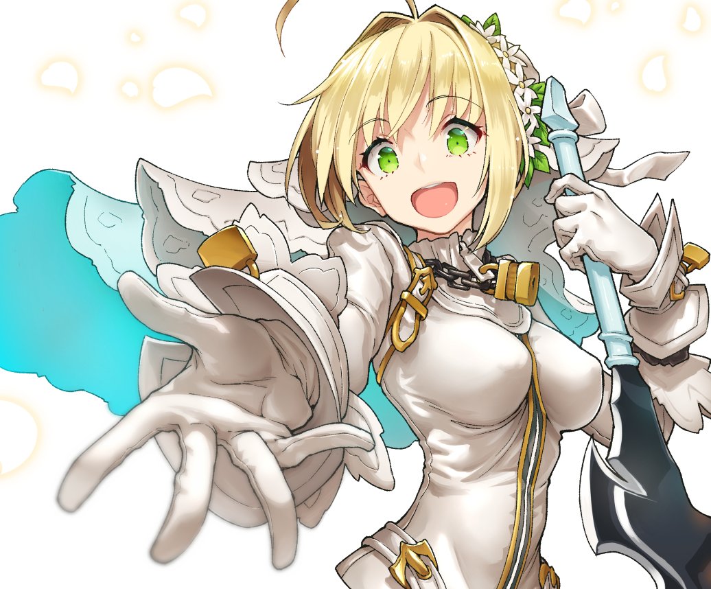 1girl aestus_estus ahoge aya_shachou belt blonde_hair bodysuit breasts chains commentary_request erect_nipples fate/extra fate/extra_ccc fate_(series) flower gloves green_eyes holding holding_sword holding_weapon lock looking_at_viewer medium_breasts outstretched_arm padlock petals saber_bride saber_extra shiny shiny_hair simple_background smile solo sword upper_body veil weapon white_background zipper