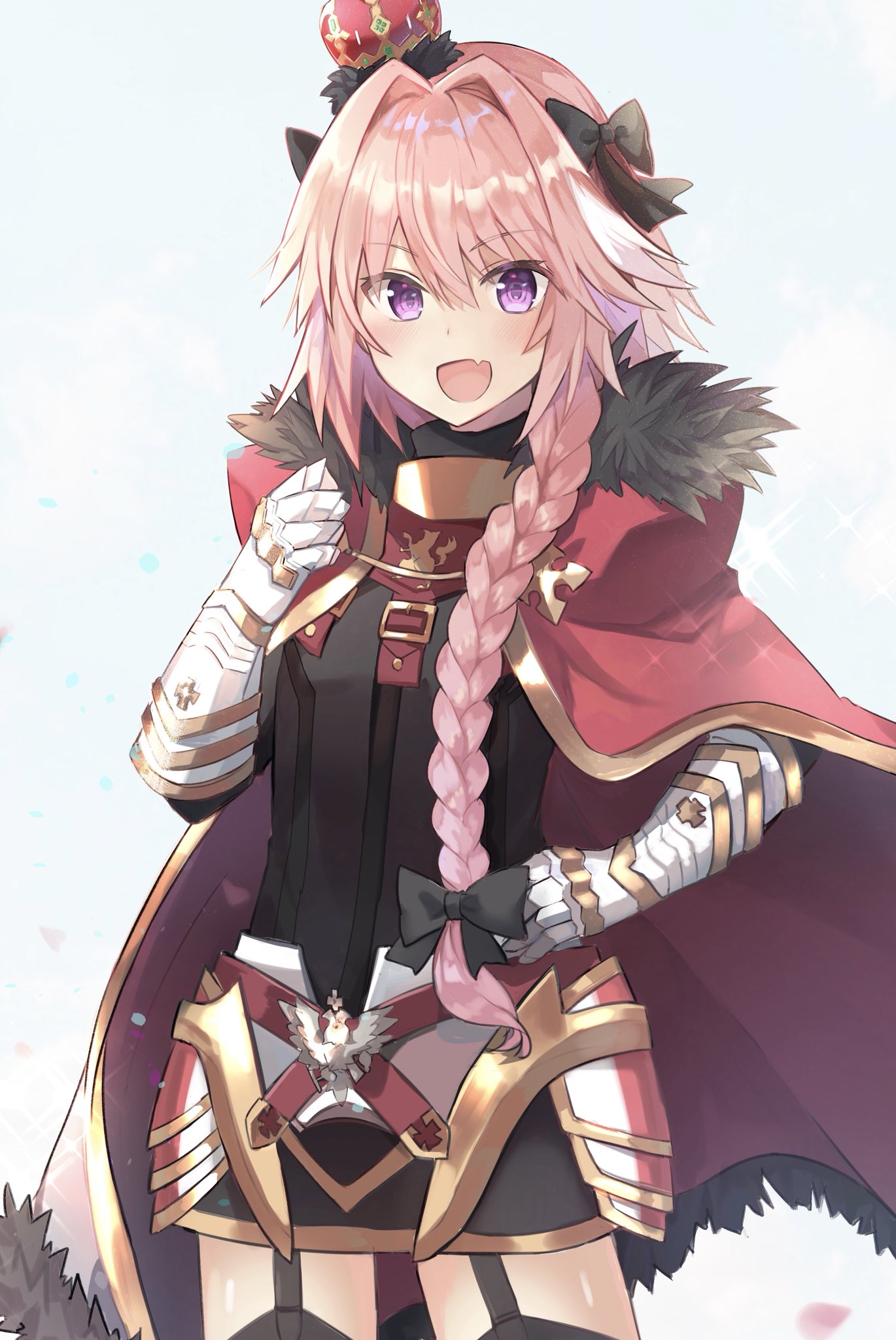 1boy :d astolfo_(fate) bangs black_bow black_legwear black_ribbon black_shirt blue_sky blush bow braid buckle cherry_blossoms clouds commentary cowboy_shot crown eyebrows_visible_through_hair fang fate/apocrypha fate_(series) faulds fur-trimmed_cloak fur_collar garter_straps gauntlets gold_trim hair_between_eyes hair_bow hair_intakes hair_over_shoulder hair_ribbon hand_on_hip hand_up highres kusumoto_touka long_hair looking_at_viewer male_focus mini_crown multicolored_hair open_mouth petals pink_hair red_belt red_cloak ribbon shiny shiny_hair shirt single_braid sky smile solo sparkle standing streaked_hair thigh-highs trap violet_eyes white_hair wind