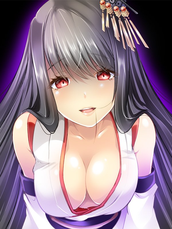 1girl bangs black_background black_hair blush breasts cleavage collarbone detached_sleeves eyebrows_visible_through_hair fusou_(kantai_collection) japanese_clothes kantai_collection large_breasts leaning_forward long_hair long_sleeves looking_at_viewer maki_(seventh_heaven_maxion) obi parted_lips red_eyes sash shaded_face sidelocks smile solo swept_bangs teeth upper_body yandere