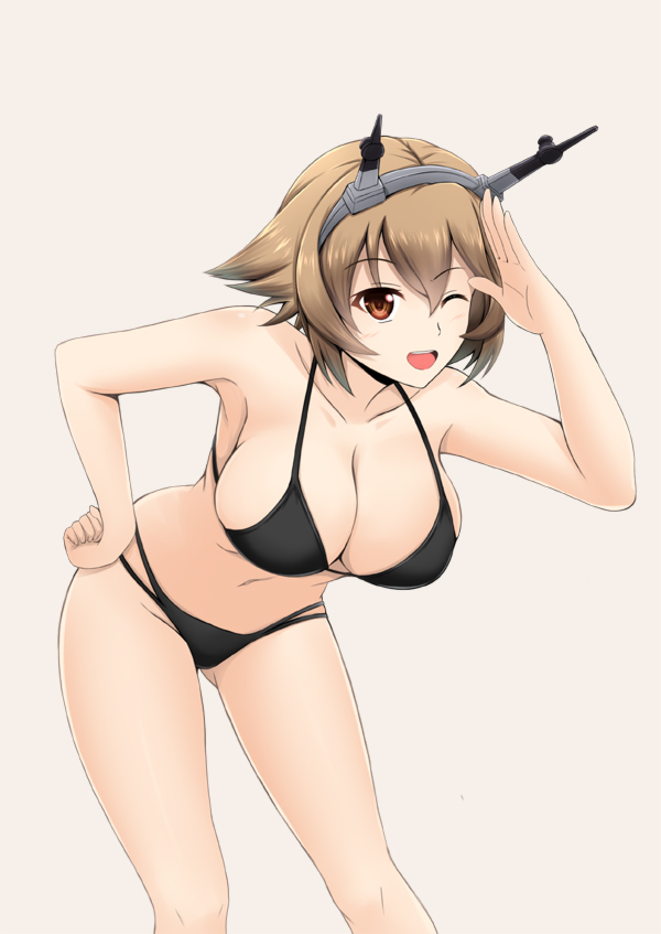 1girl ;d bikini black_bikini breasts brown_eyes brown_hair cleavage collarbone fuuma_nagi grey_background hair_between_eyes hand_on_hip headgear kantai_collection large_breasts leaning_forward looking_at_viewer mutsu_(kantai_collection) navel one_eye_closed open_mouth salute short_hair simple_background smile solo standing swimsuit