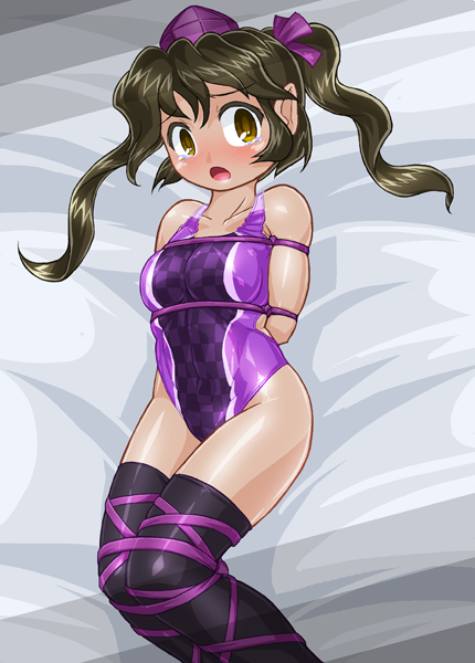 1girl black_legwear blush bound brown_eyes brown_hair checkered checkered_swimsuit competition_swimsuit hat himekaidou_hatate looking_at_viewer lying one-piece_swimsuit open_mouth purple_ribbon purple_swimsuit ribbon solo swimsuit tears thigh-highs tokin_hat touhou twintails winn