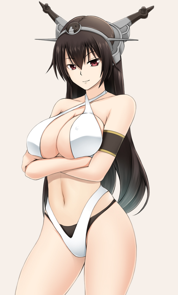 1girl armband bikini black_hair black_swimsuit breasts collarbone criss-cross_halter crossed_arms fuuma_nagi hair_between_eyes halterneck headgear kantai_collection large_breasts long_hair looking_at_viewer nagato_(kantai_collection) navel pink_background red_eyes simple_background solo swimsuit two_piece white_bikini white_swimsuit