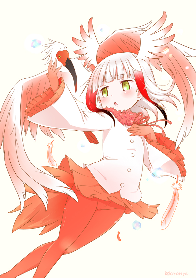 1girl bangs bird blunt_bangs crested_ibis crested_ibis_(kemono_friends) feathers fur_collar gloves head_wings kemono_friends long_sleeves miniskirt multicolored_hair muu_rian open_mouth orange_skirt pantyhose pleated_skirt red_gloves red_legwear shirt sidelocks skirt solo two-tone_hair white_hair white_shirt wide_sleeves yellow_eyes