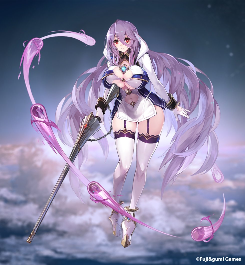 1girl armor armored_boots blurry blurry_background boots bracelet breasts chains cleavage clouds collared_shirt company_name freischutz_(phantom_of_the_kill) garter_straps gloves gun huge_breasts jewelry long_hair long_sleeves miniskirt navel navel_cutout official_art phantom_of_the_kill purple_hair red_eyes rifle shirt skirt sleeve_cuffs smile solo star_(sky) thigh-highs underboob_cutout very_long_hair weapon wide_hips