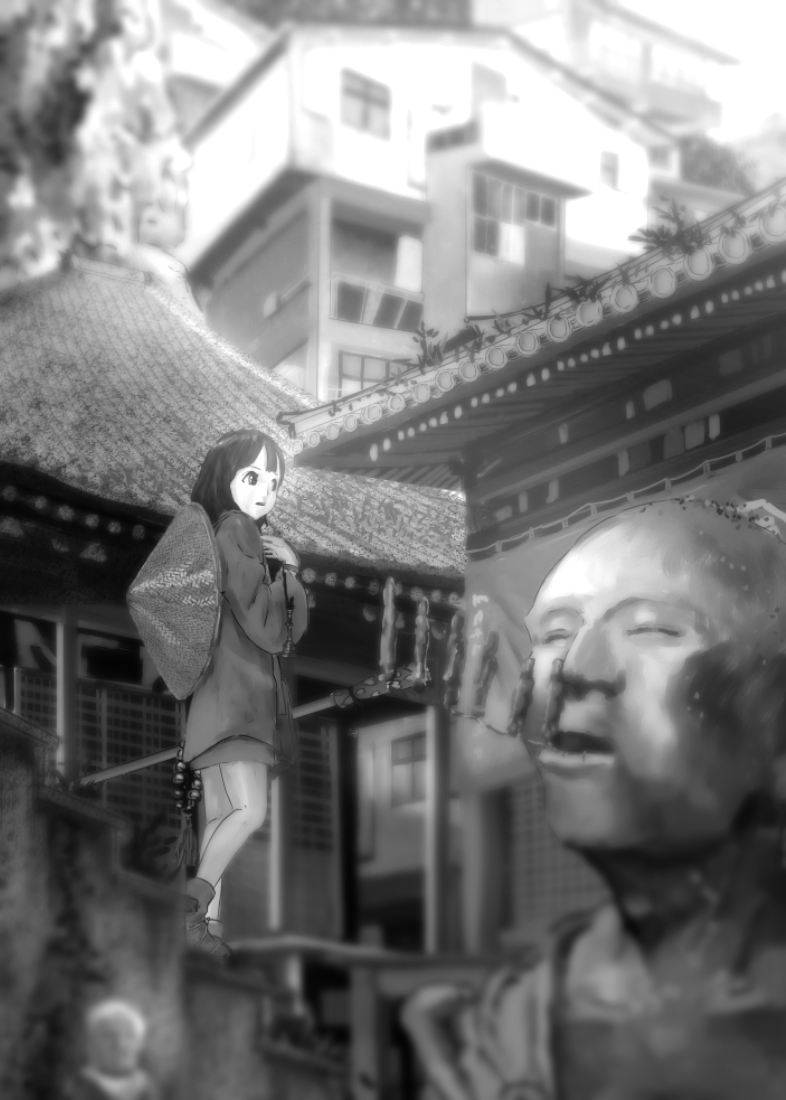 1girl architecture blurry buddha depth_of_field east_asian_architecture greyscale hands_on_own_chest hat house japanese_clothes katou_fumitaka light long_hair looking_to_the_side monochrome open_mouth original scenery solo staff statue straw_hat