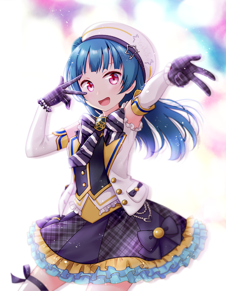 1girl :d bangs black_ribbon blue_hair bow bowtie bracelet commentary_request cowboy_shot double_w dress elbow_gloves frilled_dress frilled_vest frills gloves hat hirako jewelry love_live! love_live!_sunshine!! open_mouth red_eyes ribbon sailor_hat side_bun sleeveless smile solo star_hat_ornament striped striped_bow striped_bowtie thigh_ribbon tsushima_yoshiko unmoving_pattern vest w w_over_eye