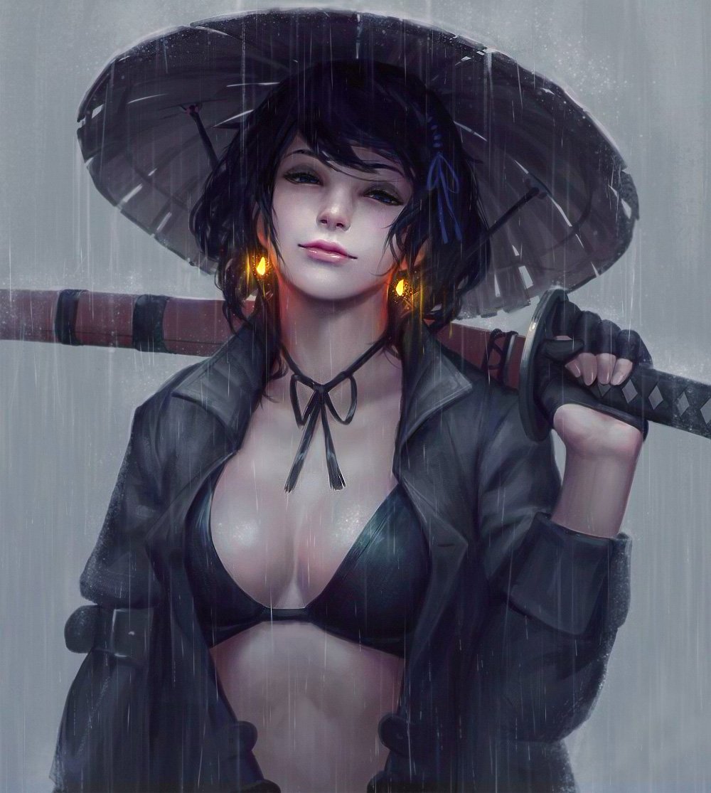 1girl arm_belt bangs bikini_top black_bikini_top black_gloves blue_ribbon breasts breasts_apart closed_mouth coat collarbone eyelashes eyeliner fingernails gloves grey_coat guweiz hair_ribbon hand_up hat holding holding_sword holding_weapon katana lips lipstick long_sleeves looking_at_viewer makeup mascara medium_breasts nose open_clothes open_coat original over_shoulder partly_fingerless_gloves pink_lips pink_lipstick rain ribbon scabbard sheath sheathed short_hair smile solo strap_gap straw_hat swept_bangs sword upper_body weapon weapon_over_shoulder wet