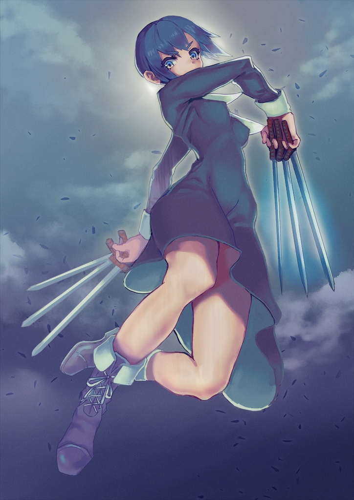 1girl between_fingers black_keys blue_eyes blue_hair boots ciel cross-laced_footwear dress gendanri holding holding_weapon lace-up_boots night short_hair solo tsukihime weapon