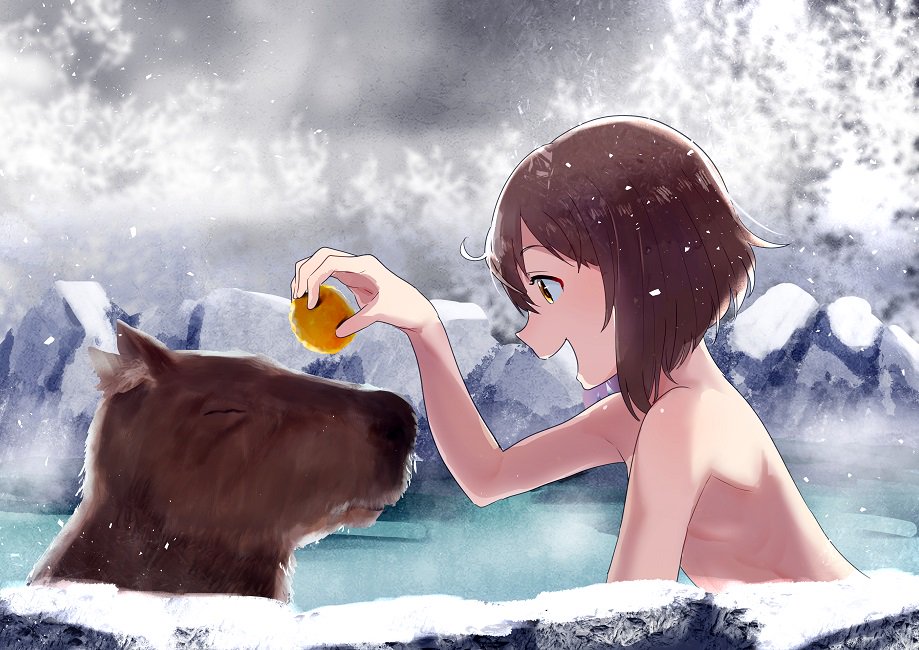 1girl animal bare_shoulders brown_eyes brown_hair capybara closed_eyes commentary from_side furry headgear_removed kantai_collection nude onsen rock short_hair smile snow snowing steam tachikoma_(mousou_teikoku) yukikaze_(kantai_collection)