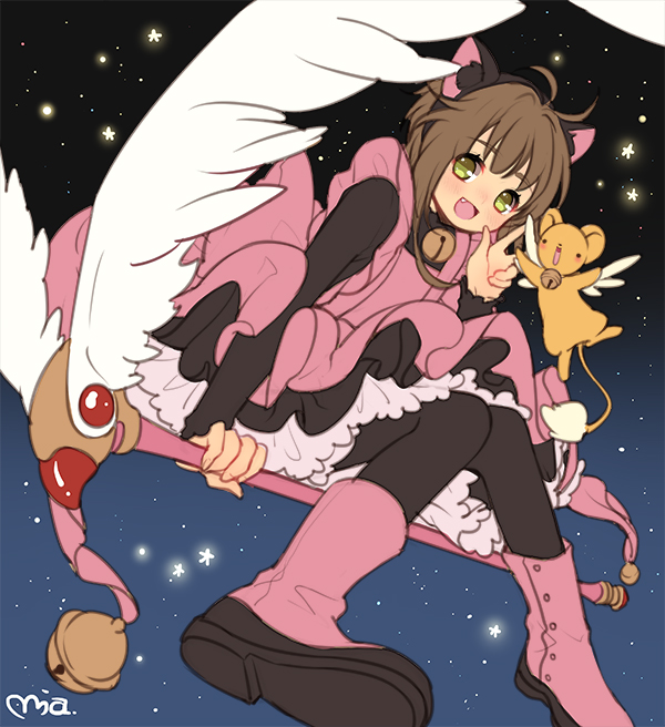 1girl animal_ears antenna_hair brown_hair card card_captor_sakura cat_ears clow_card dress full_body fuuin_no_tsue gloves green_eyes kero kinomoto_sakura looking_at_viewer magical_girl mia0309 night open_mouth pantyhose short_hair smile solo star v wand white_gloves wings