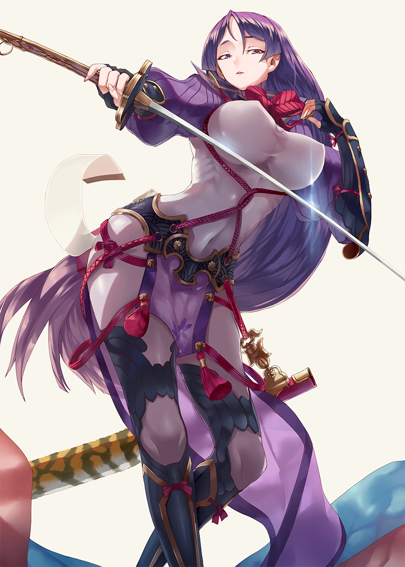 1girl bodysuit breasts ceda_(dace) covered_navel erect_nipples fate/grand_order fate_(series) fingerless_gloves gloves impossible_bodysuit impossible_clothes katana large_breasts long_hair looking_at_viewer minamoto_no_raikou_(fate/grand_order) parted_lips purple_hair rope skin_tight solo sword taut_clothes very_long_hair violet_eyes weapon